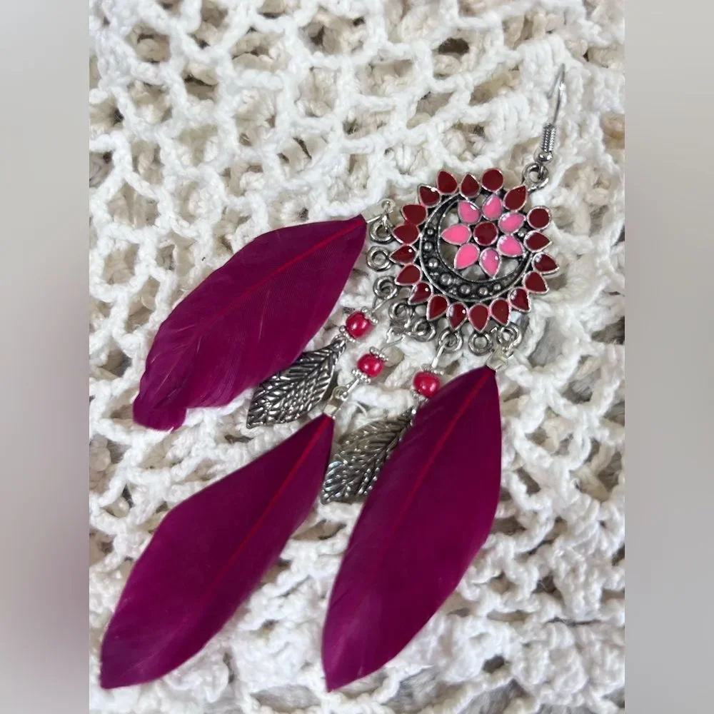 Feather Earrings Boho Vibrant Magenta Burgundy Silver Tone Chandelier Enamel